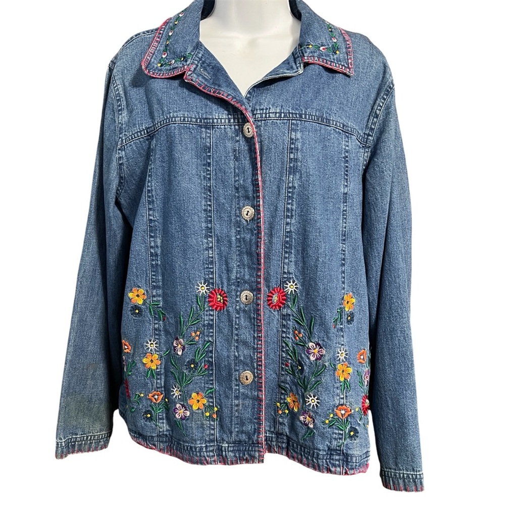 Bobbie Brooks Denim Jean Jacket Floral Embroidered Button Up Boho Size Medium